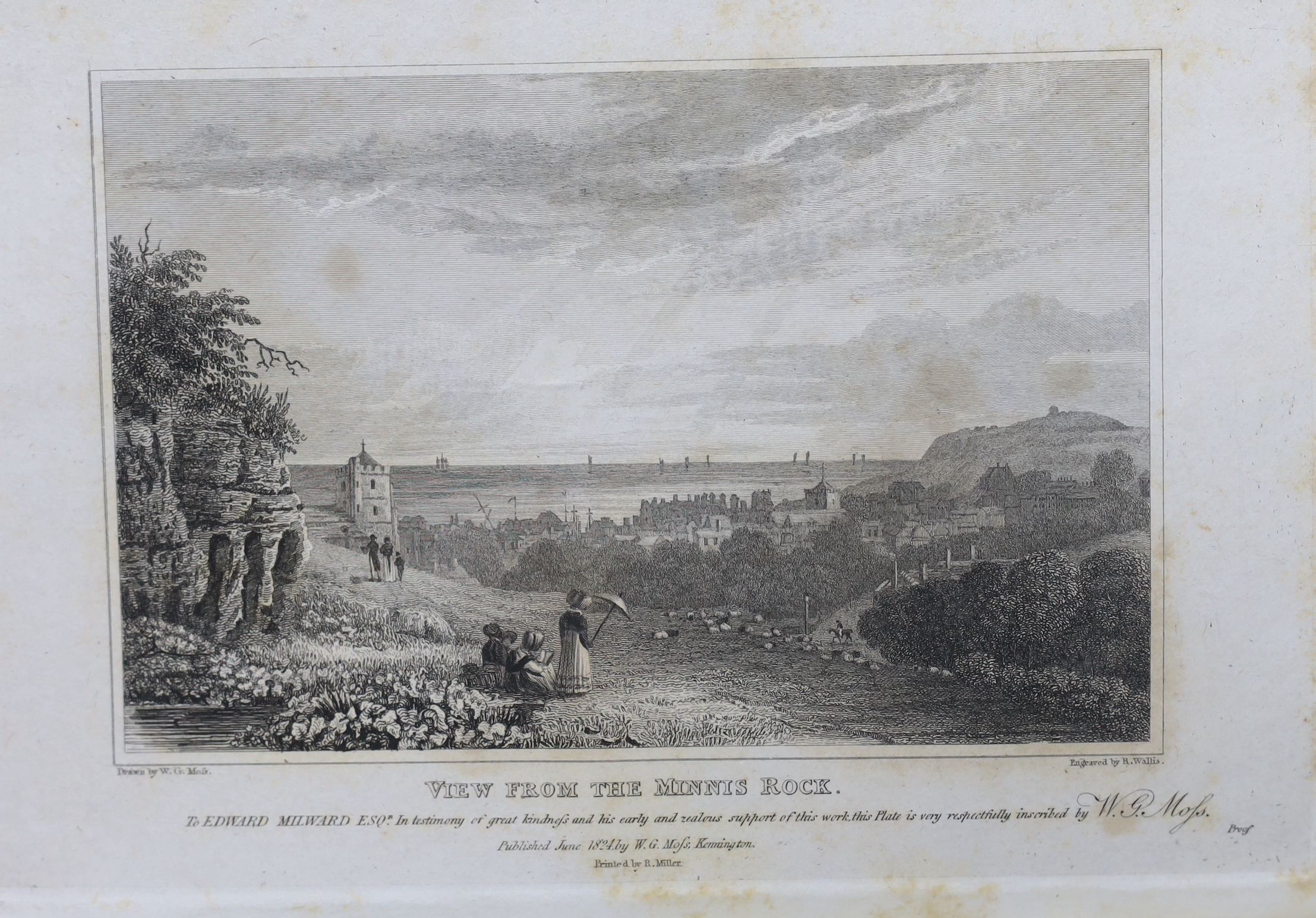 HASTINGS - Moss, W.G - The History and Antiquities of the Town and Port of Hastings, 8vo, black blind stamped morocco gilt, with 20 engraved plates, including a folding map and 1 extra illustration, a manuscript ‘’Extrac